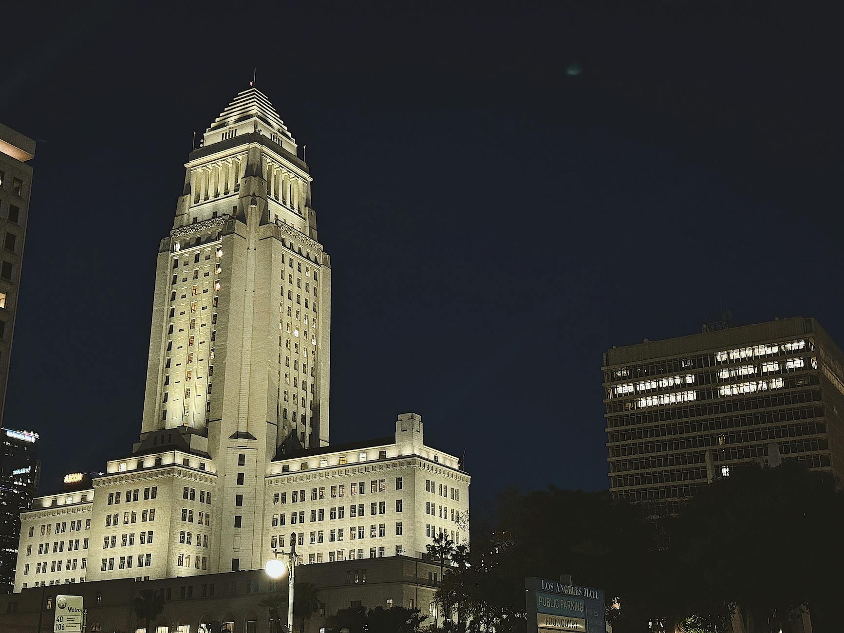 night view of los angeles city hall illuminated